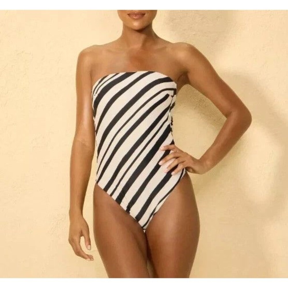 Shade & Shore Women's Striped Bandeau High Leg One Piece Swimsuit Size XS 0-2